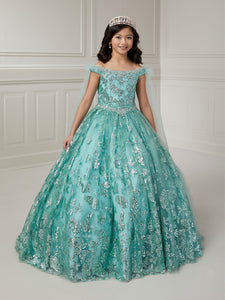 Off-The-Shoulder Butterfly Sequin And Glitter Tulle Ball Gown With Removable Tulle Bows In Mermaid