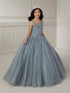 Beaded Scoop Neck With Gathered Tulle Skirt Ball Gown In Slate