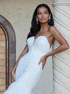 Beaded And Lace Gown With Feathers In Ivory Ivory