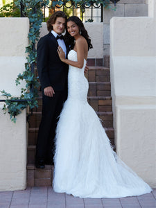 Beaded And Lace Gown With Feathers In Ivory Ivory