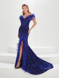 Sequined Off-The-Shoulder Gown With Feather Trim In Midnight