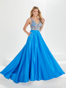 Satin A-Line Gown With Side Pockets In Ocean Blue