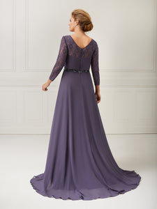 3/4-Sleeve Chiffon A-Line Dress With Lace Overlay In Gunmetal