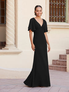 Fit-And-Flare Gown With Flutter Sleeves In Black