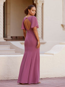 Fit-And-Flare Gown With Flutter Sleeves In Rose Water