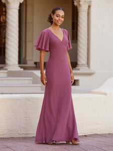 Fit-And-Flare Gown With Flutter Sleeves In Rose Water