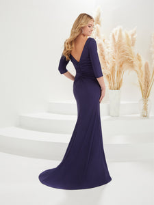 Pleated Sheath Gown In Navy